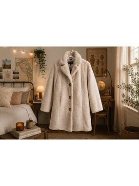Ellen Tracy Cream Sherpa Teddy Fleece Boucle Coat M NWT Button Full Length Cozy